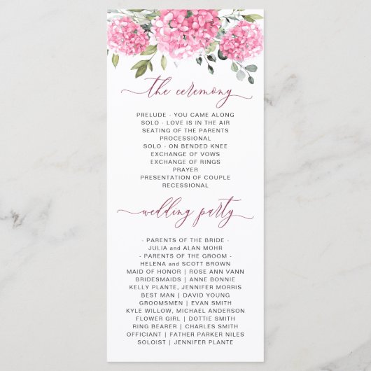 Elegante Roze Hydrangea Bloemen Huwelijksceremonie Programmakaart (Achterkant)