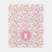 Elegante Roze Hydrangea Bloemen Patroon Monogram Fleece Deken (Voorkant)