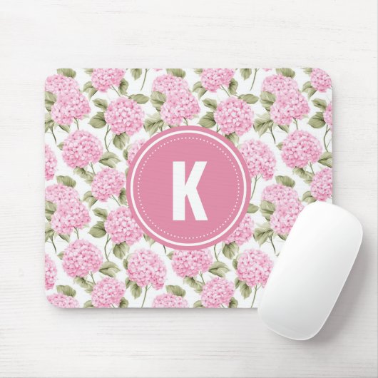 Elegante Roze Hydrangea Bloemen Patroon Monogram Muismat (Met muis)