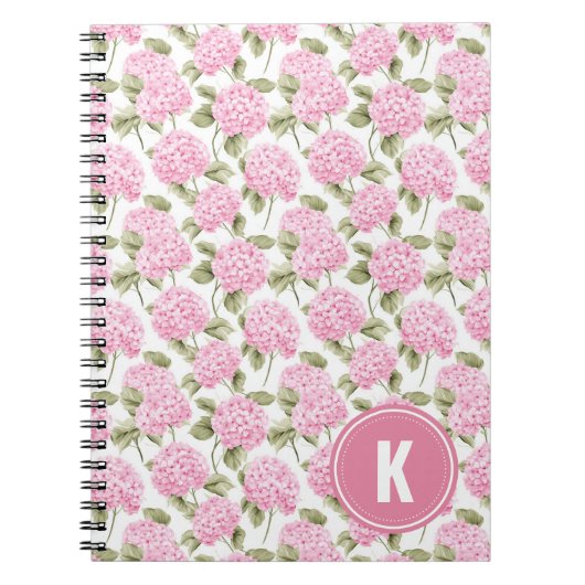 Elegante Roze Hydrangea Bloemen Patroon Monogram Notitieboek (Voorkant)