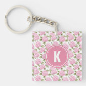 Elegante Roze Hydrangea Bloemen Patroon Monogram Sleutelhanger (voorkant)