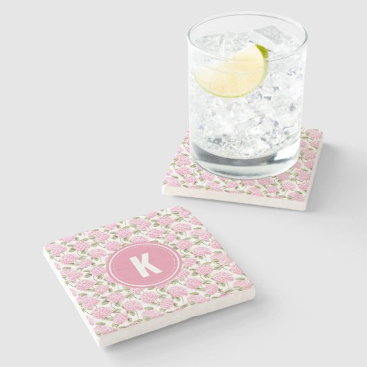 Elegante Roze Hydrangea Bloemen Patroon Monogram Stenen Onderzetter (Zijkant)