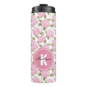 Elegante Roze Hydrangea Bloemen Patroon Monogram Thermosbeker
