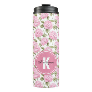 Elegante Roze Hydrangea Bloemen Patroon Monogram Thermosbeker