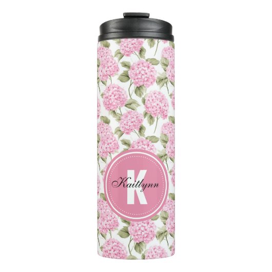 Elegante Roze Hydrangea Bloemen Patroon Monogram Thermosbeker (Voorkant)