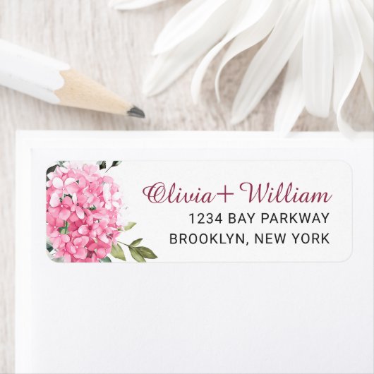 Elegante roze Hydrangea Eucalyptus retouradres Etiket (Insitu)