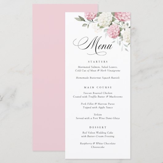 Elegante Roze Hydrangea Groene Huwelijksmenu Menu (Voorkant / Achterkant)