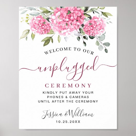 Elegante roze Hydrangea Unplugged huwelijksceremon Poster (Voorkant)