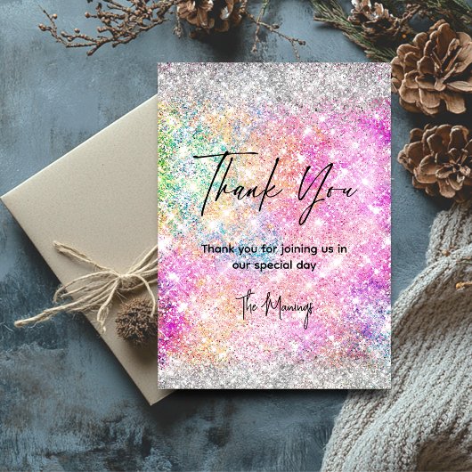 Elegante roze iriserende zilveren glitter bedankt kaart