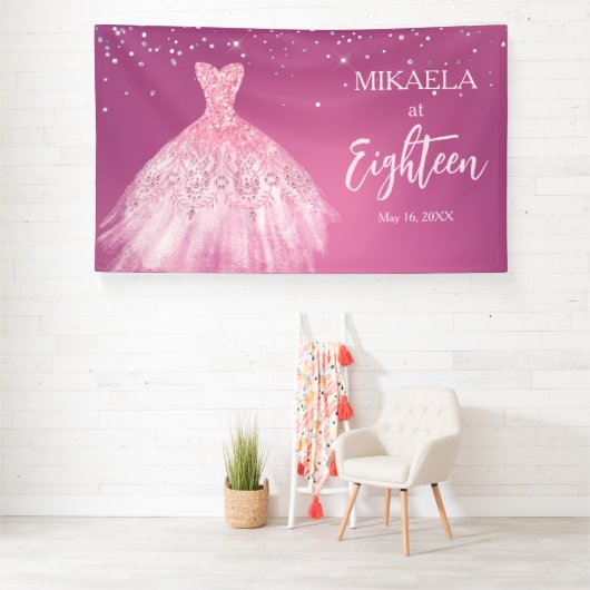 Elegante roze jurk glitter 18e verjaardag spandoek (Insitu)