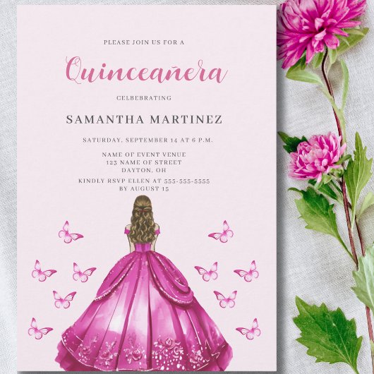 Elegante roze jurk quinceañera uitnodiging