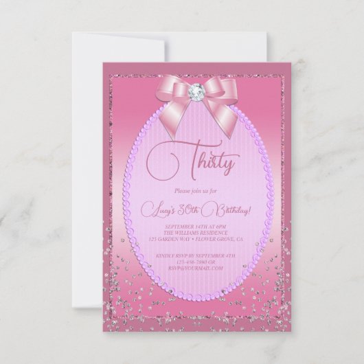 Elegante Roze Juweel Diamond Bow & Confetti Verjaa Kaart (Voorkant)