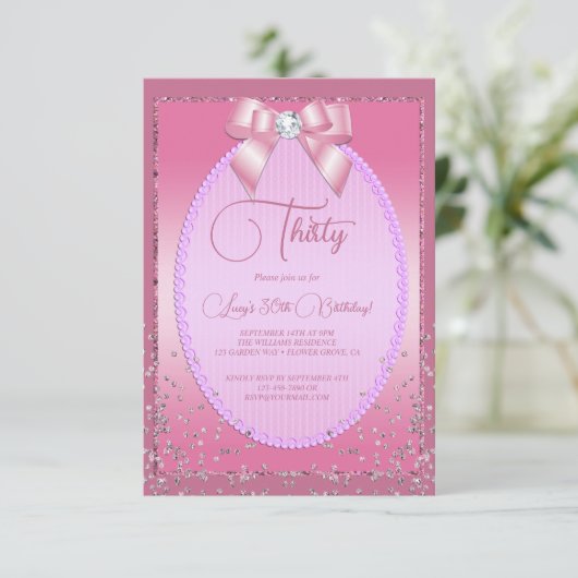 Elegante Roze Juweel Diamond Bow & Confetti Verjaa Kaart (Staand voorkant)