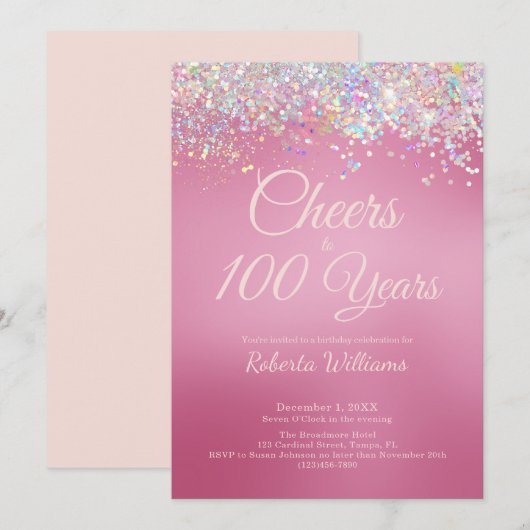 Elegante Roze Kalligrafie 100e Verjaardag Uitnodig Kaart (Voorkant / Achterkant)