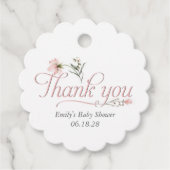 Elegante roze kalligrafie wildbloem baby shower bedankjes labels (Voorkant)