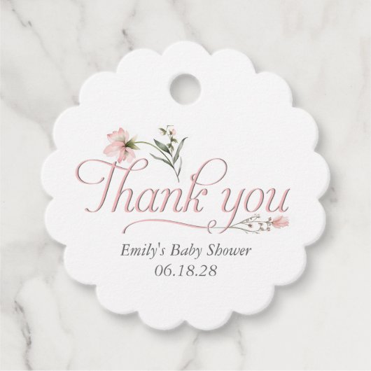 Elegante roze kalligrafie wildbloem baby shower bedankjes labels (Voorkant)