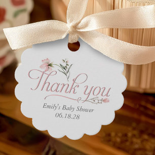 Elegante roze kalligrafie wilde bloem baby shower bedankjes labels