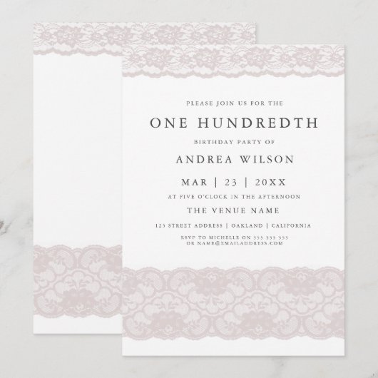 Elegante Roze Kant 100e verjaardag Uitnodiging (Voorkant / Achterkant)