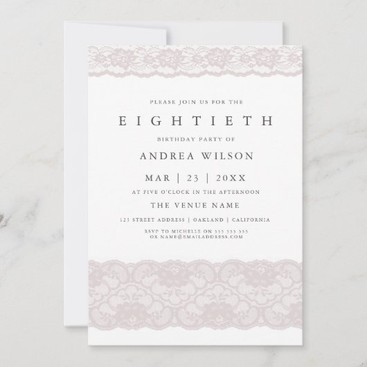 Elegante Roze Kant 80ste verjaardag Uitnodiging (Voorkant)