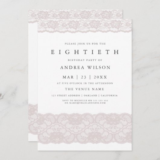 Elegante Roze Kant 80ste verjaardag Uitnodiging (Voorkant / Achterkant)