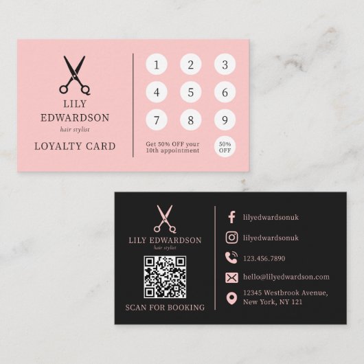 Elegante Roze Kappersschaar Logo QR Code Klantenkaartje (Voorkant / Achterkant)