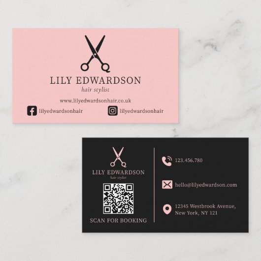 Elegante Roze Kapsalon Schaar Logo QR Code Visitekaartje (Voorkant / Achterkant)