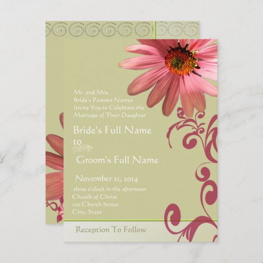 Elegante Roze Kegelbloem Huwelijksuitnodiging Uitnodiging Briefkaart (Voorkant / Achterkant)