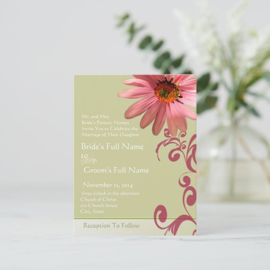 Elegante Roze Kegelbloem Huwelijksuitnodiging Uitnodiging Briefkaart (Staand voorkant)