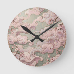 Elegante Roze Kersenbloesem Art Nouveau Krullen Ronde Klok