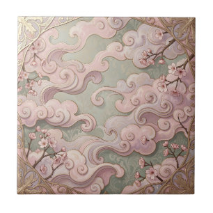Elegante Roze Kersenbloesem Art Nouveau Krullen Tegeltje