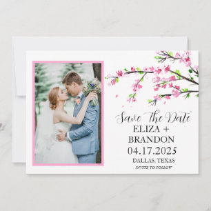 Elegante roze kersenbloesem bloemenfoto save the date