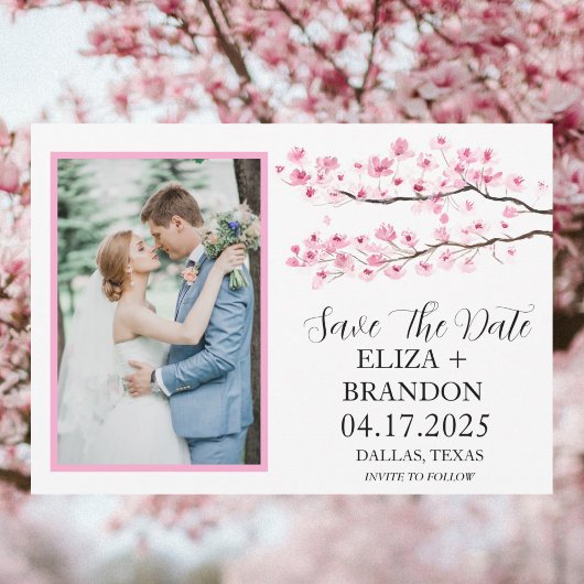 Elegante roze kersenbloesem bloemenfoto save the date