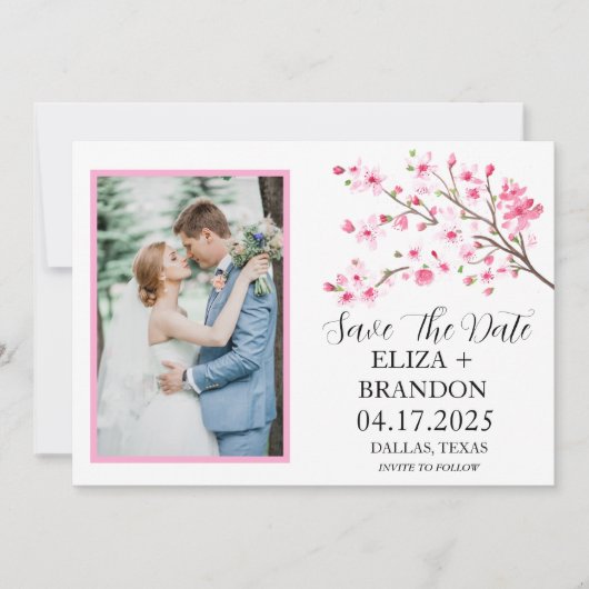 Elegante roze kersenbloesem bloemenfoto save the date (Voorkant)