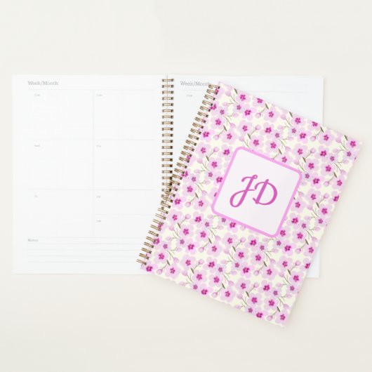 Elegante Roze Kersenbloesem Bloemenkunst Monogram Planner (Display)