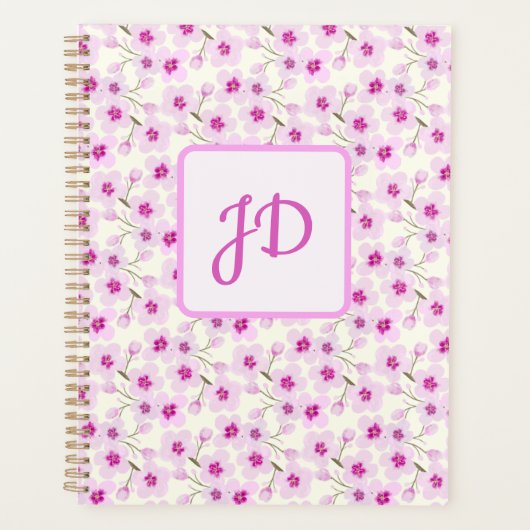 Elegante Roze Kersenbloesem Bloemenkunst Monogram Planner (Voorkant)
