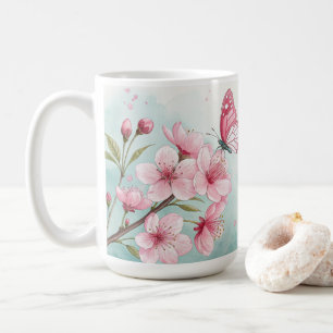 Elegante Roze Kersenbloesem Bloemmotief & Vlinder Koffiemok
