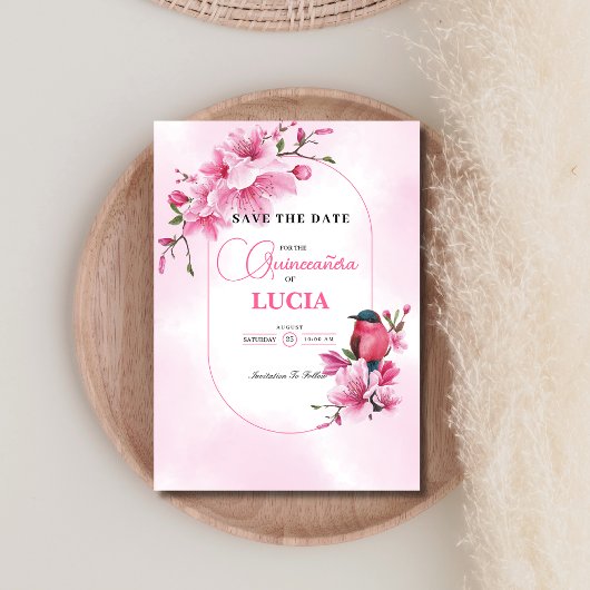Elegante roze kersenbloesem geometrische Quinceañe Save The Date