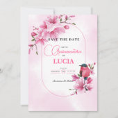 Elegante roze kersenbloesem geometrische Quinceañe Save The Date (Voorkant)