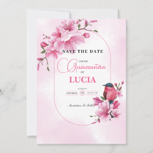 Elegante roze kersenbloesem geometrische Quinceañe Save The Date (Voorkant)