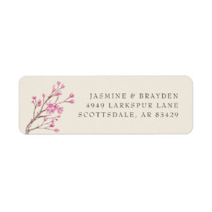 Elegante Roze Kersenbloesem Huwelijksretouradres Etiket