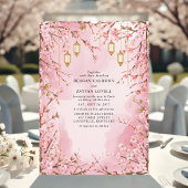 Elegante roze kersenbloesem lantaarn bruiloft kaart