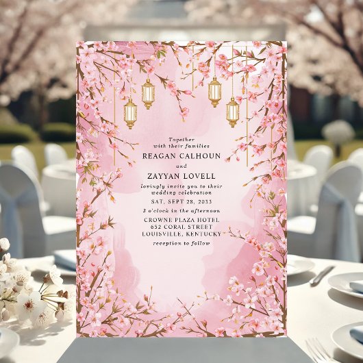 Elegante roze kersenbloesem lantaarn bruiloft kaart