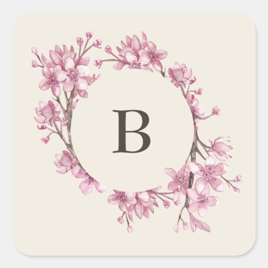 Elegante Roze Kersenbloesem Monogram Bruiloft Vierkante Sticker (Voorkant)