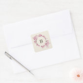 Elegante Roze Kersenbloesem Monogram Bruiloft Vierkante Sticker (Envelop)