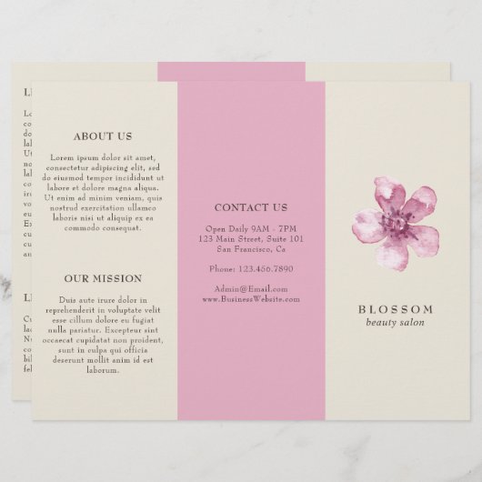 Elegante Roze Kersenbloesem Salon Trifold Brochure (Voorkant / Achterkant)