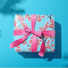 Elegante roze kersenbloesems op Sky Blue Christmas Cadeaupapier