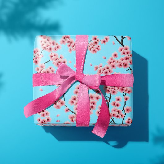 Elegante roze kersenbloesems op Sky Blue Christmas Cadeaupapier