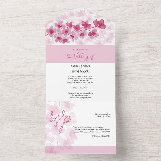 Elegante roze kersenbloesems Waterverf All In One Uitnodiging (Binnen)
