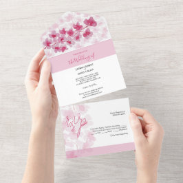 Elegante roze kersenbloesems Waterverf All In One Uitnodiging