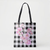 Elegante roze kersenbloesems zwart wit gingham tote bag (Voorkant)